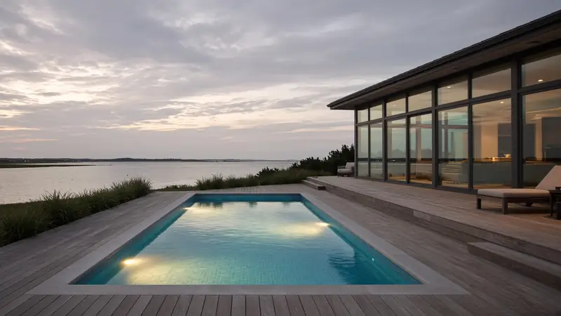 A private pool and cedar deck beside a glass shore house