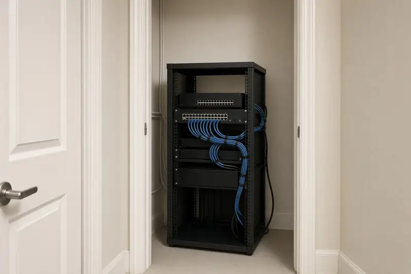 A tidy home network closet with dressed cable