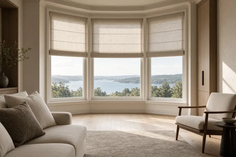 Linen shades half drawn across a wide bay window