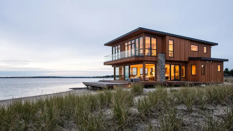 A glass shore house at dusk with warm interior light